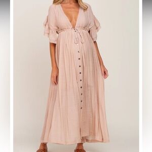 Light Pink Deep V-Neck Button Down Maternity Maxi Dress PinkBlush
